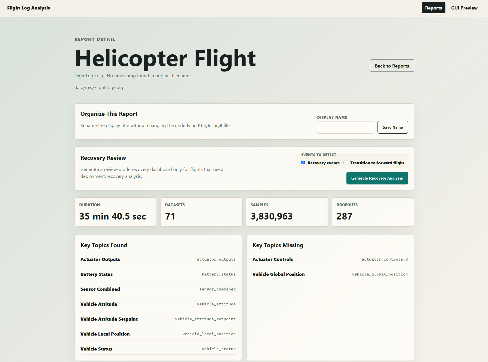 Custom flight-log analysis report for a helicopter flight with dataset, sample, dropout, and PX4 topic summaries