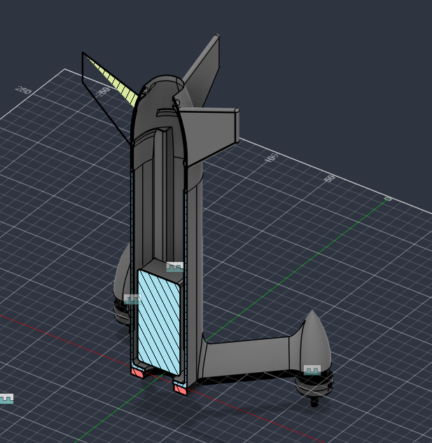 Cross-section CAD view showing the bullet drone's internal avionics packaging and central structure